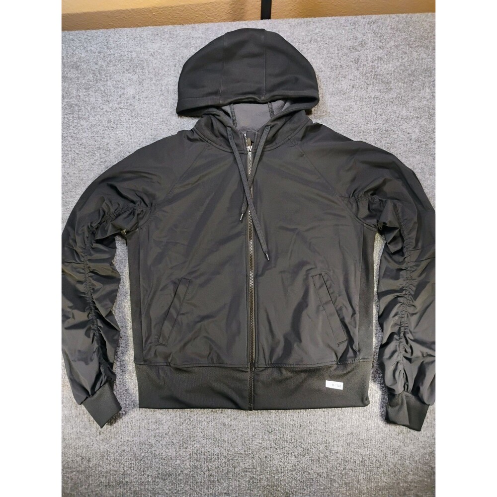 Fabletics Womens Medium Black Full Zip Hooded Jacket Ruched Sleeve Activewear